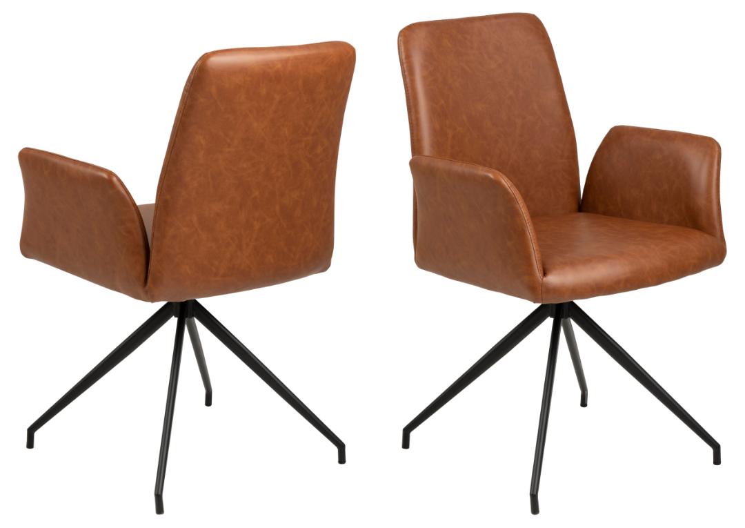 ACT NORDIC Naya spisebordsstol, m. armlæn og drejefunktion - retro cognac PU og sort stål